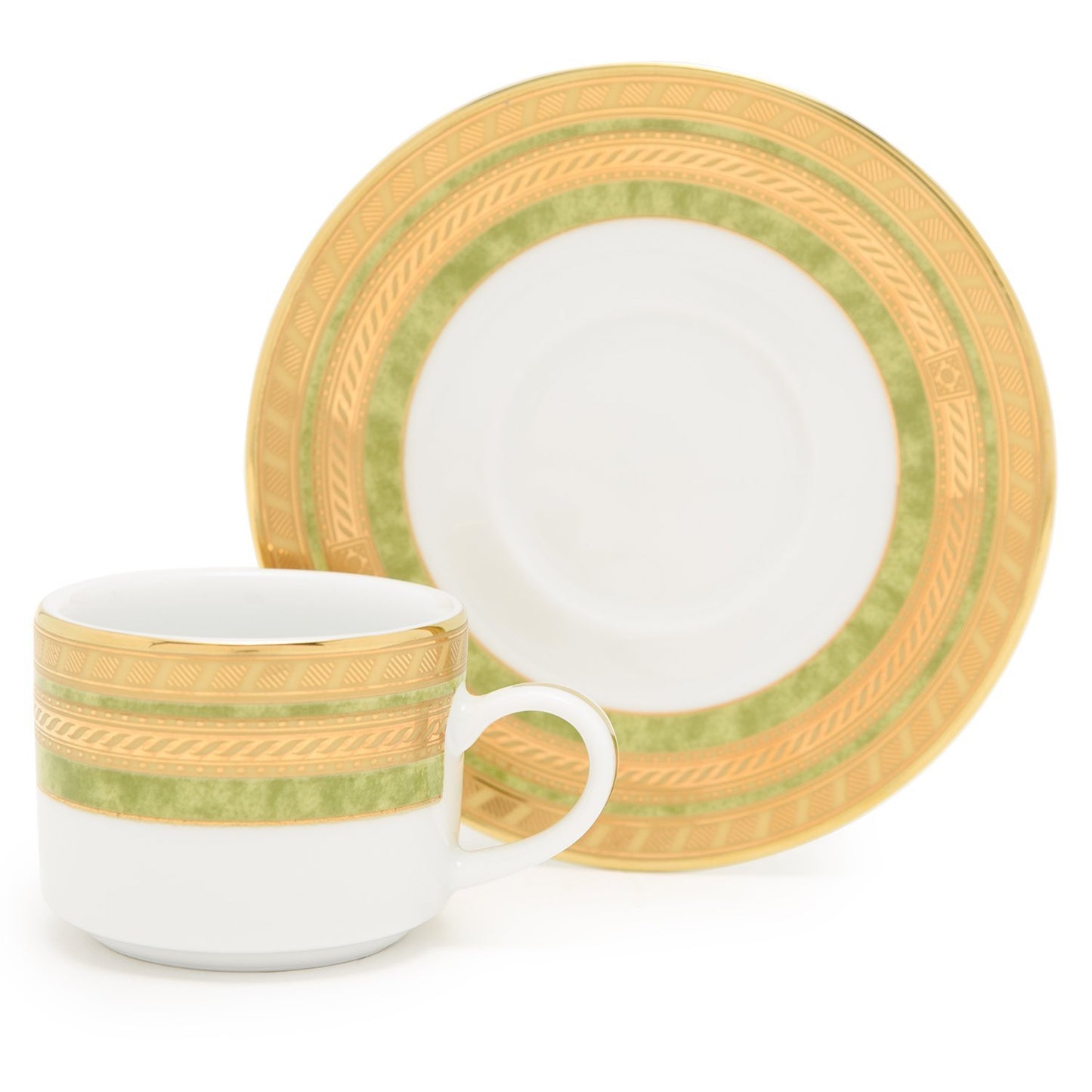 Dankotuwa Porcelain Berlinda Coffee Cup And Saucer Set - Light Green And Gold - Bergrn-0692/93