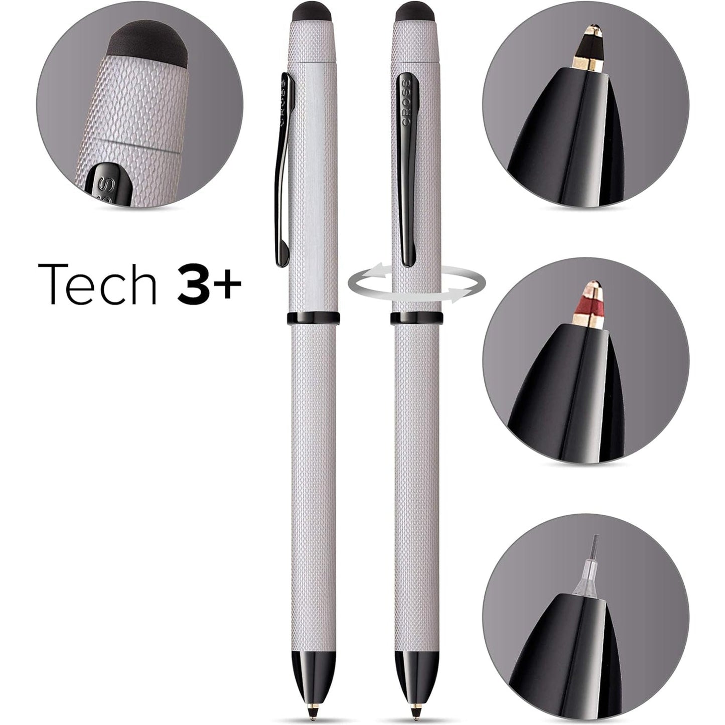 Cross Tech3+ Multi Function Pen. Brushed Chrome With Engraved Engine-Turned Diamond-Pattern Finish With Black Pvd Appointments, 0.5Mm Lead And Optional Stylus. - AT0090-21