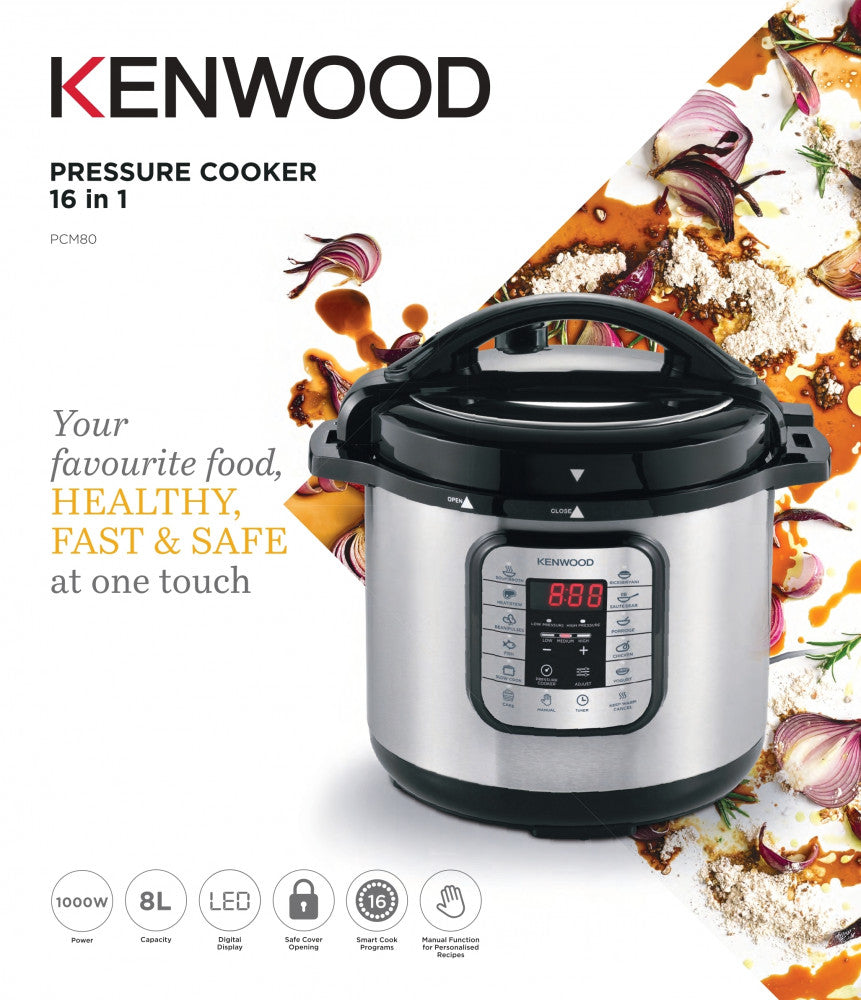 Kenwood 8L Electric Pressure Cooker 1000W Silver/Black, Pcm80.000Ss