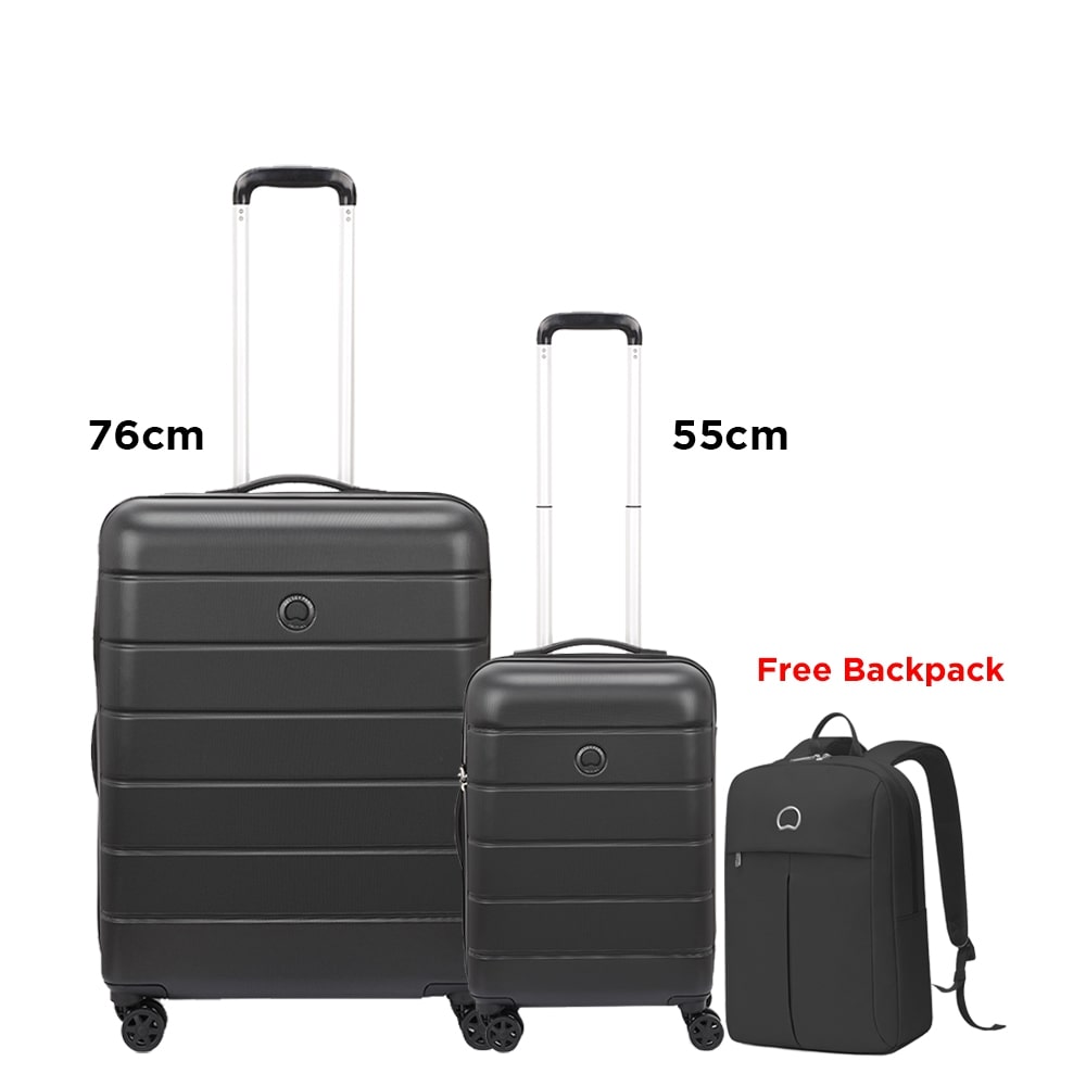 Delsey Paris Lagos 2Piece SET 55+76cm Hardcase 4 Double Wheel Cabin & Check-In Luggage Trolley Black + FREE Delsey Paris Agreable Backpack