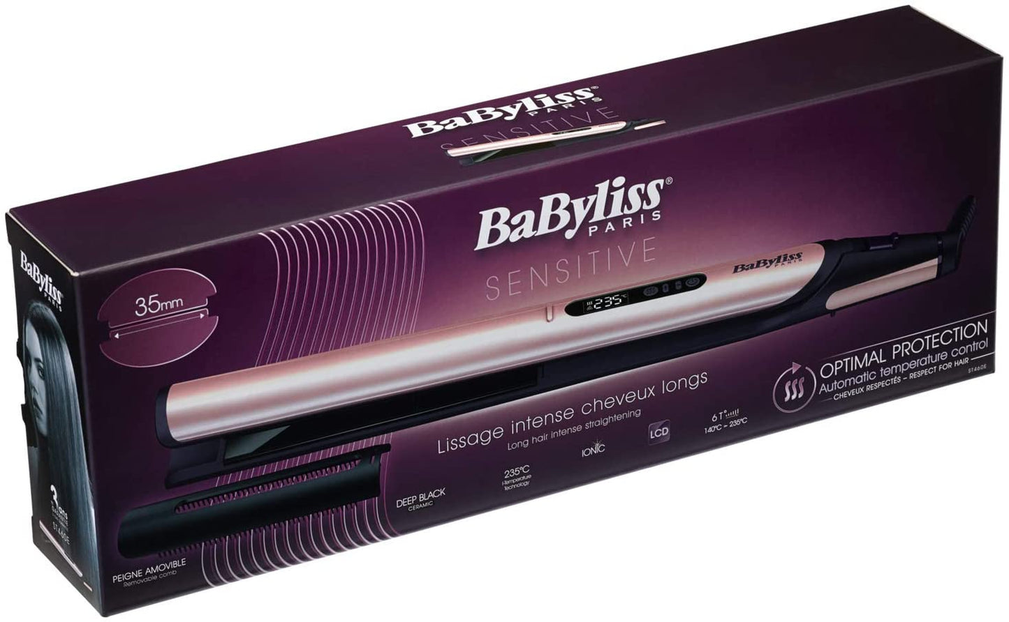 BaByliss BABST460SDE Hair Straightener 35mm With Comb, Black/Purple - Jashanmal Home