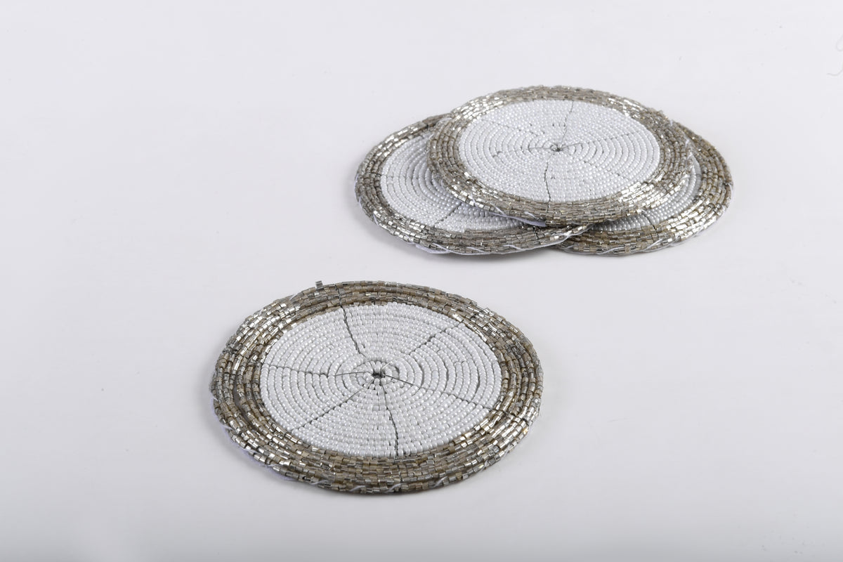 Arvd Beaded Coaster Set/4 Wht/Crm 4X4