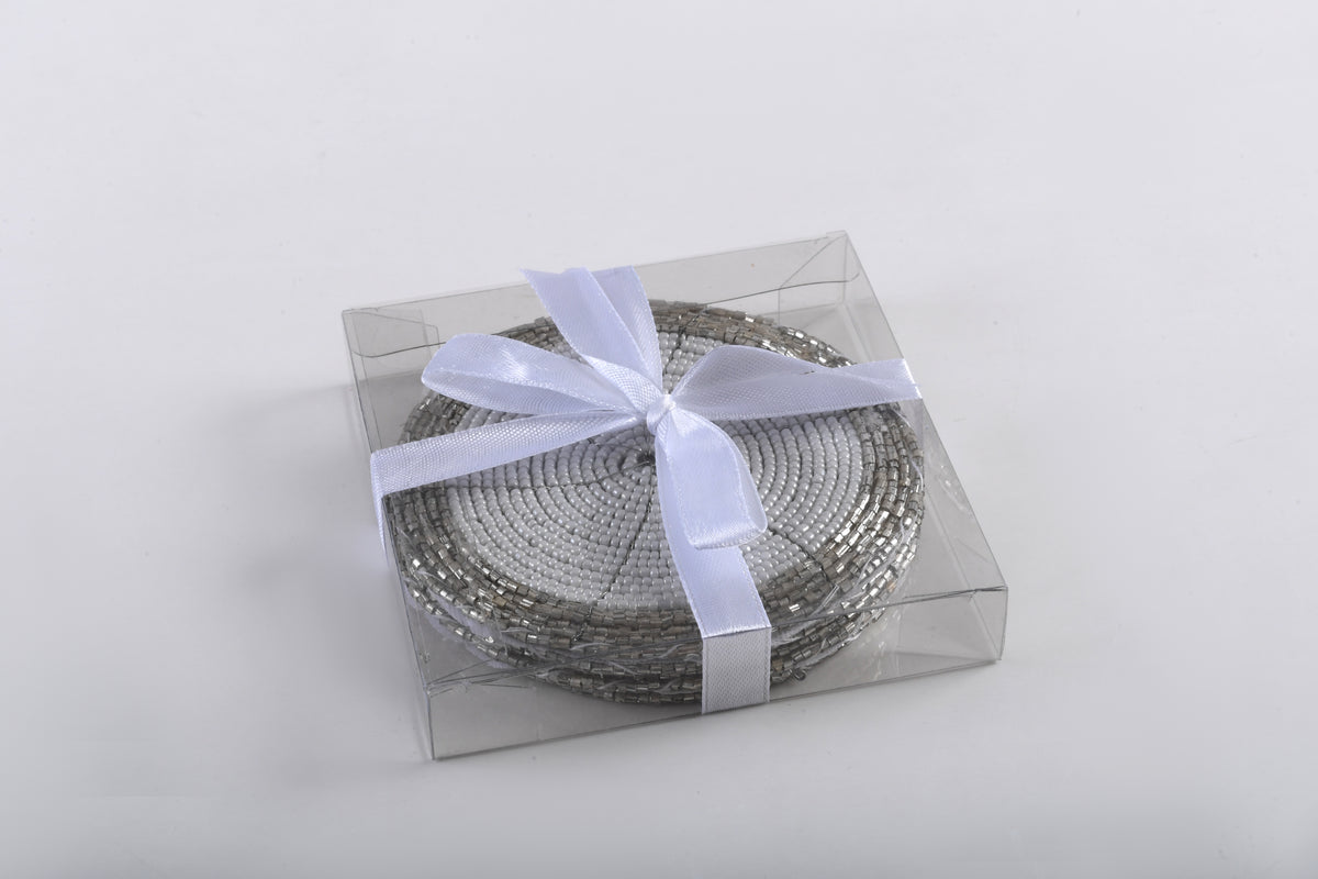Arvd Beaded Coaster Set/4 Wht/Crm 4X4