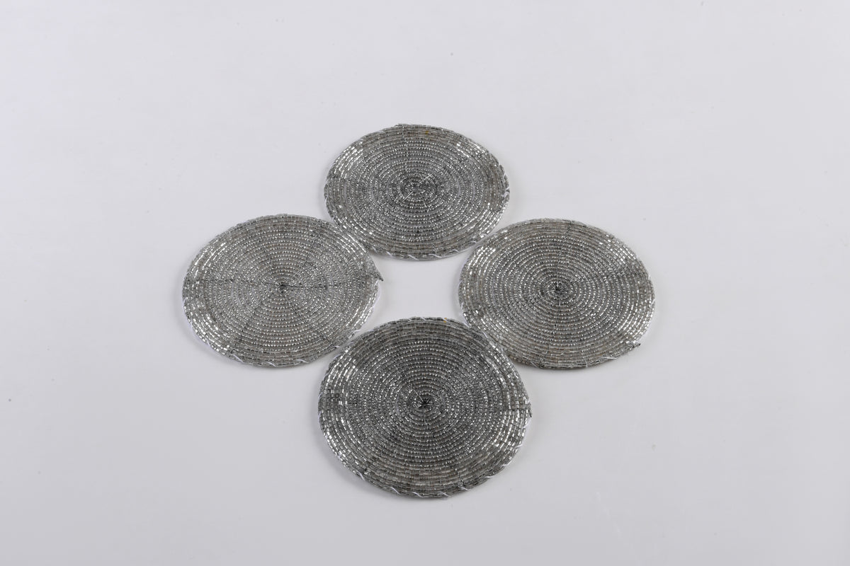 Arvd Beaded Coaster Set/4 Silver 4X4
