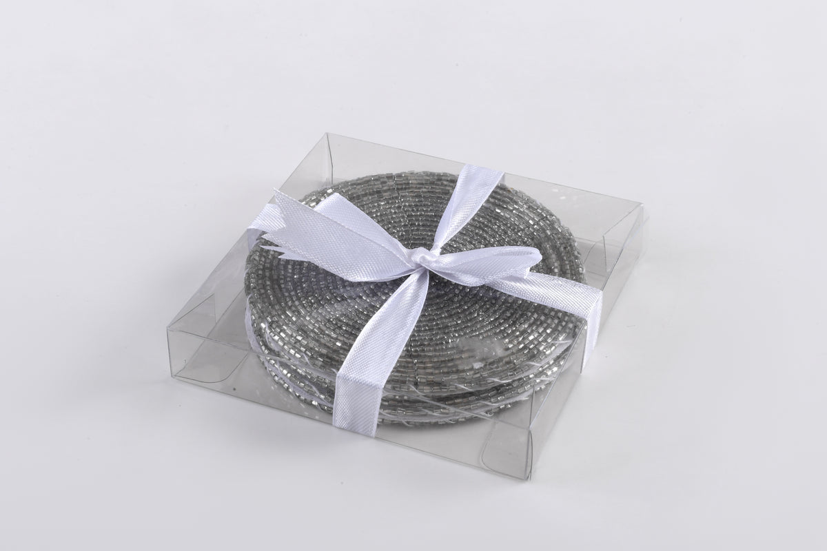 Arvd Beaded Coaster Set/4 Silver 4X4