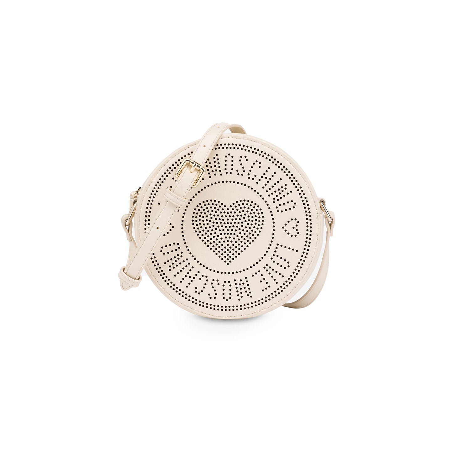 LOVE MOSCHINO PERFORATED HEART ROUND CROSSBODY BAG WHITE