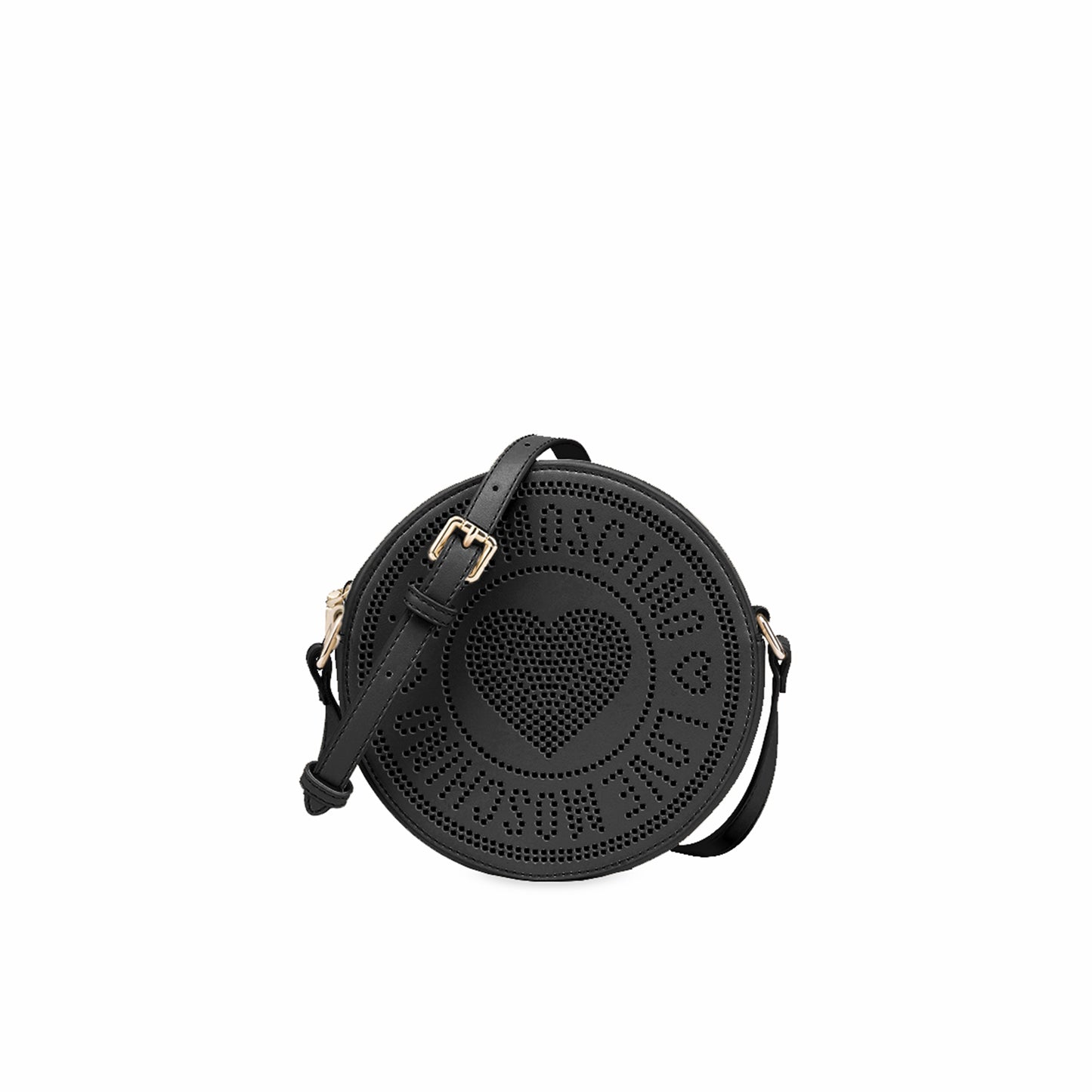 LOVE MOSCHINO PERFORATED HEART ROUND CROSSBODY BAG BLACK