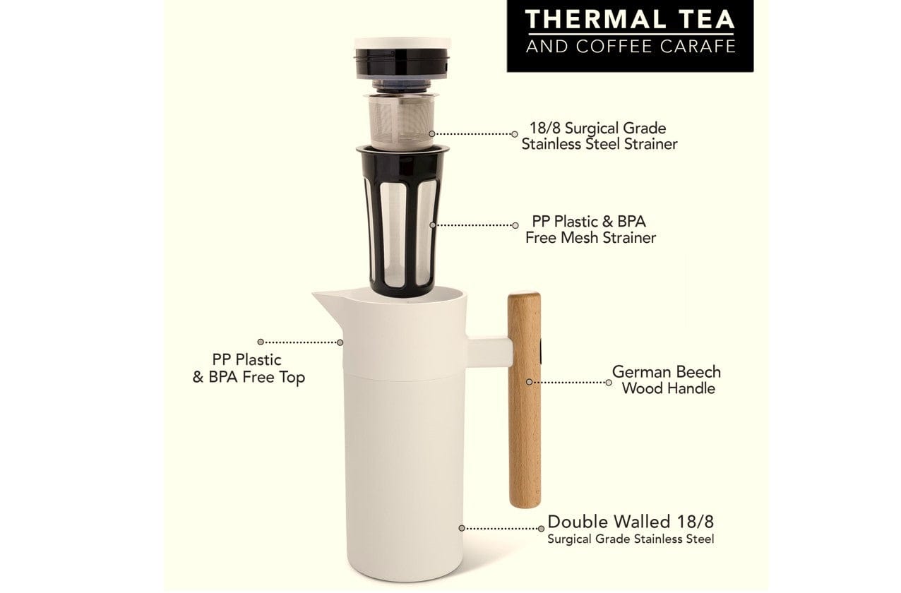 Hastings Mysa Thermal Carafe Double Wall Stainless Steel 1.2L White With German Beechwood Handle - Hcmysawht