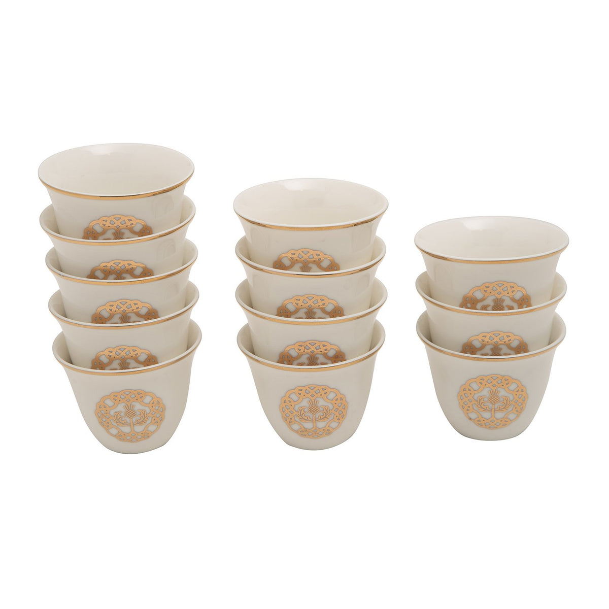 12PC ARABIC CAWA CUPS GLD LINE WHT BC