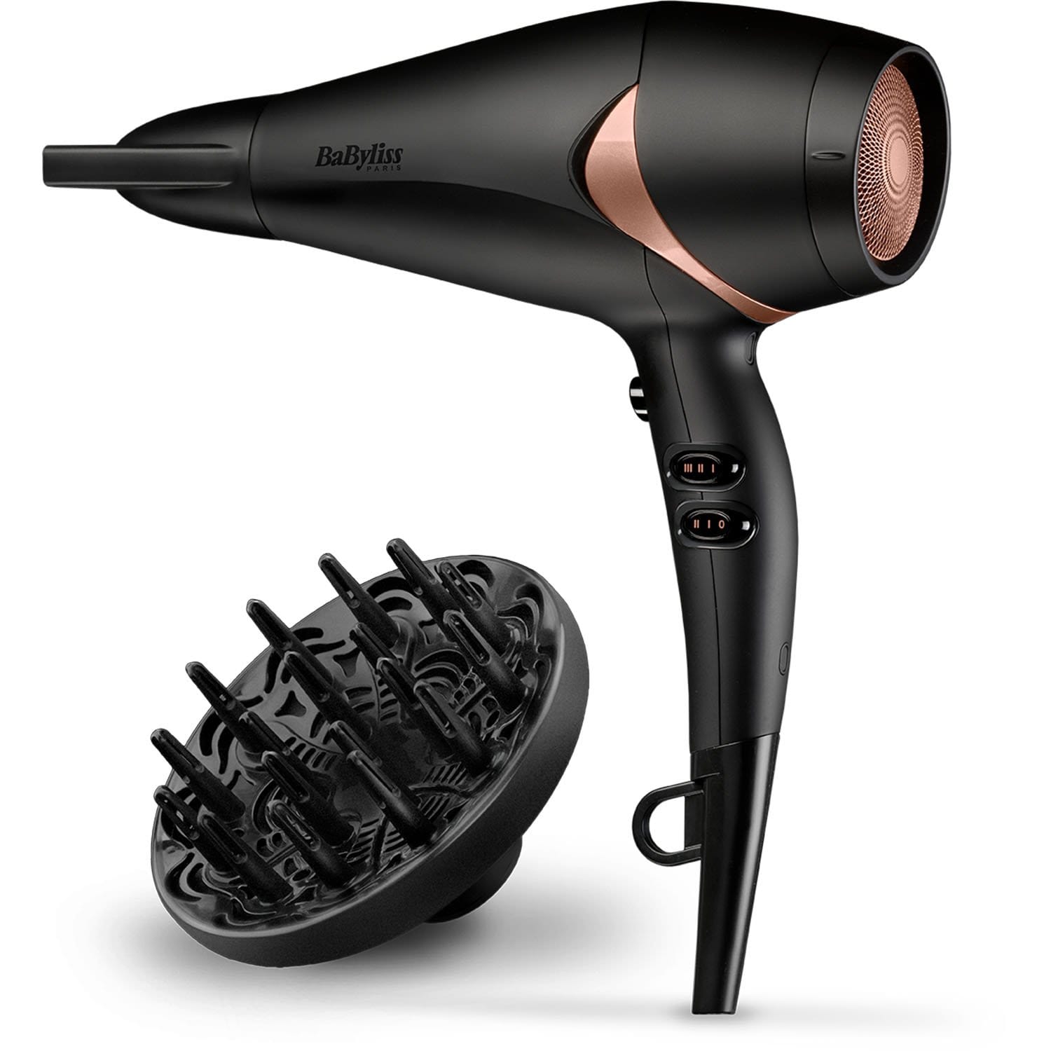 BABYLISS DC DRYER 2200W BLACK BRONZE SUPER IONIC DIFFUSER  FRIZZ CONTROL 3 HEAT 2 SPEED COOL SHOT NANO QUARTZ CERAMIC SLIM NOZZLE - D566SDE