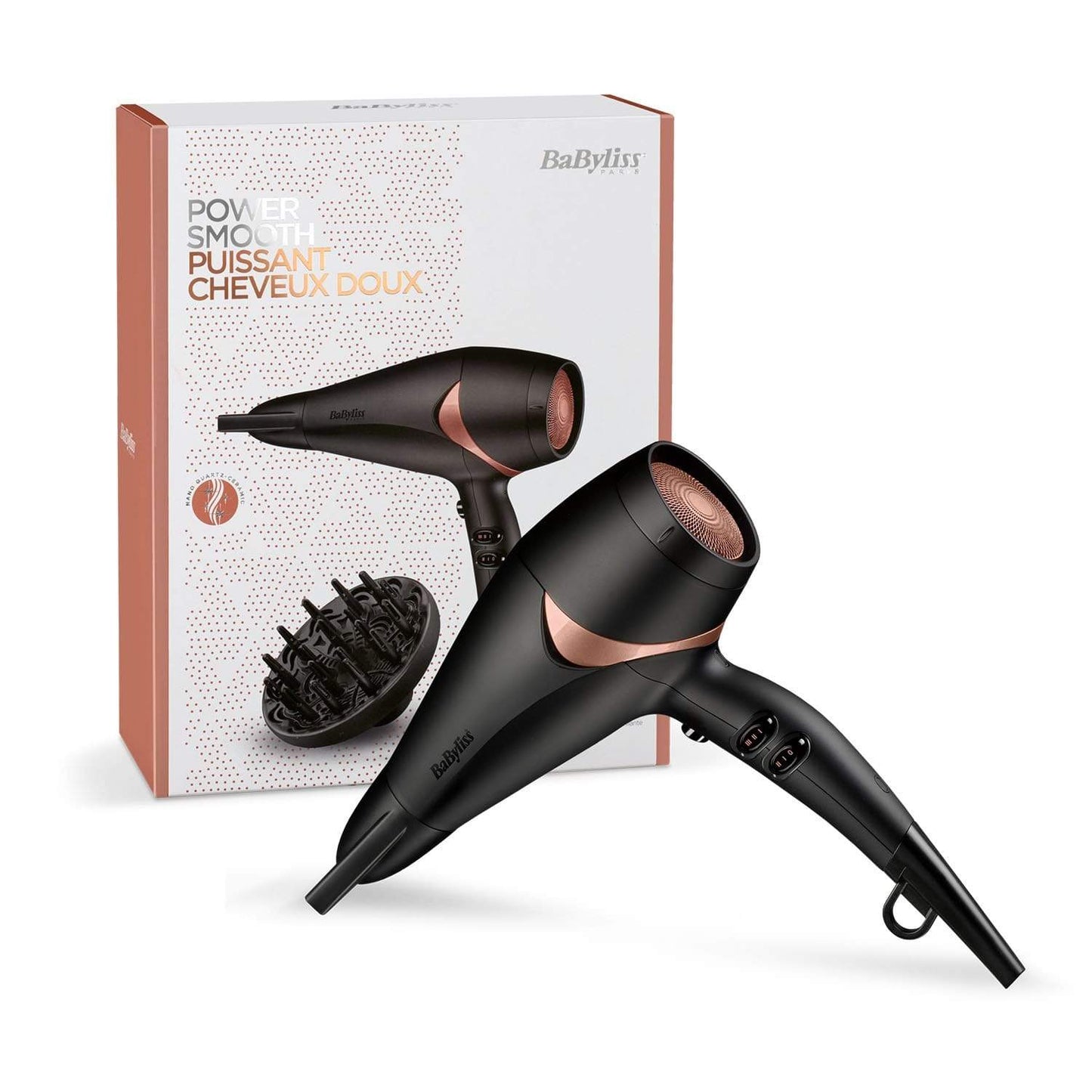Babyliss Dc Dryer 2200W Black Bronze Super Ionic Diffuser  Frizz Control 3 Heat 2 Speed Cool Shot Nano Quartz Ceramic Slim Nozzle - D566Sde