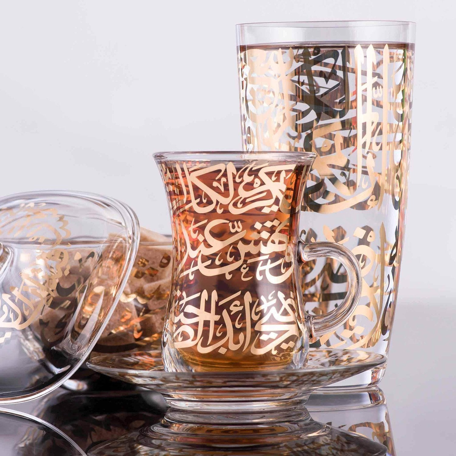 Dimlaj Kareem Tea Glass and Saucer Set - Clear and Gold, 12 Pieces - 46761 - Jashanmal Home