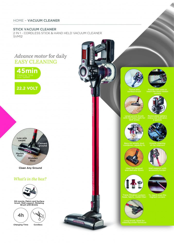 Kenwood 2 In 1 Cordless Stick & Handheld Vacuum Cleaner, Svm12.000Rd
