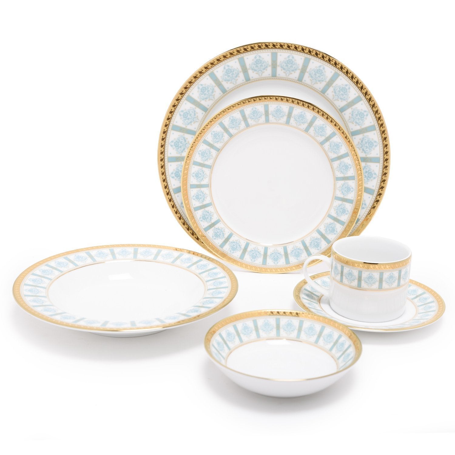 Dankotuwa Porcelain Moira Dinner Set - Light Blue and Gold, 24 Piece - MOI-24DS