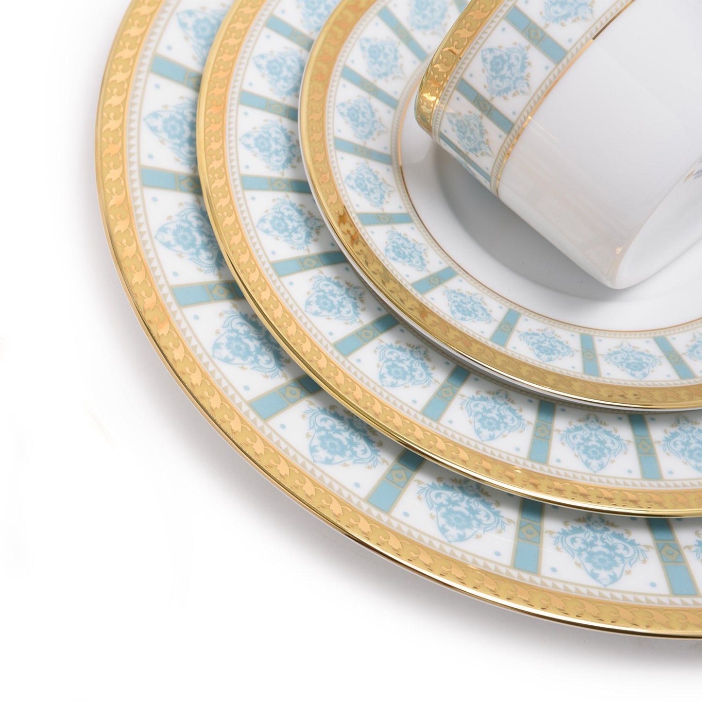 Dankotuwa Porcelain Moira Dinner Set - Light Blue And Gold, 24 Piece - Moi-24Ds