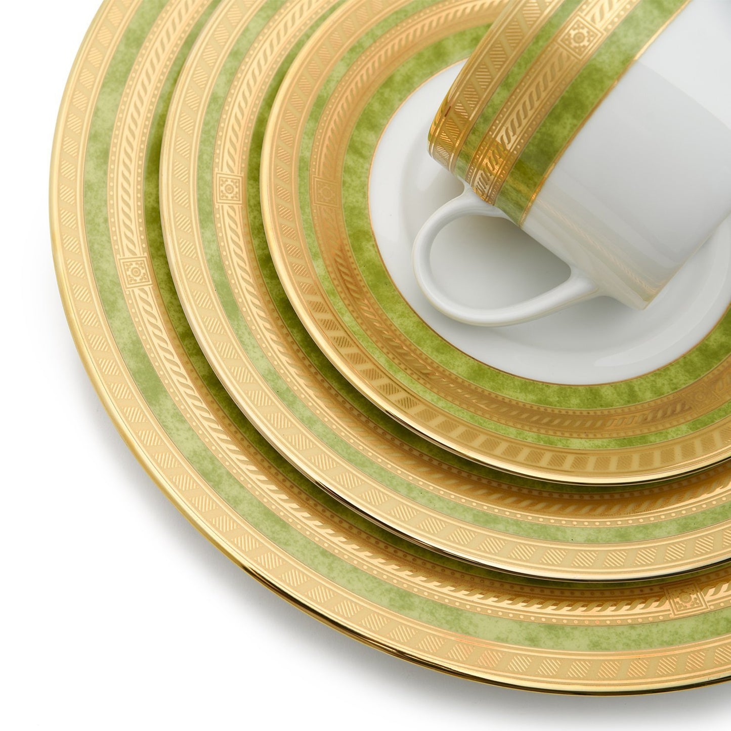 Dankotuwa Porcelain Berlinda Dinner Set - Light Green And Gold, 59 Piece - Bergrn-59Ds