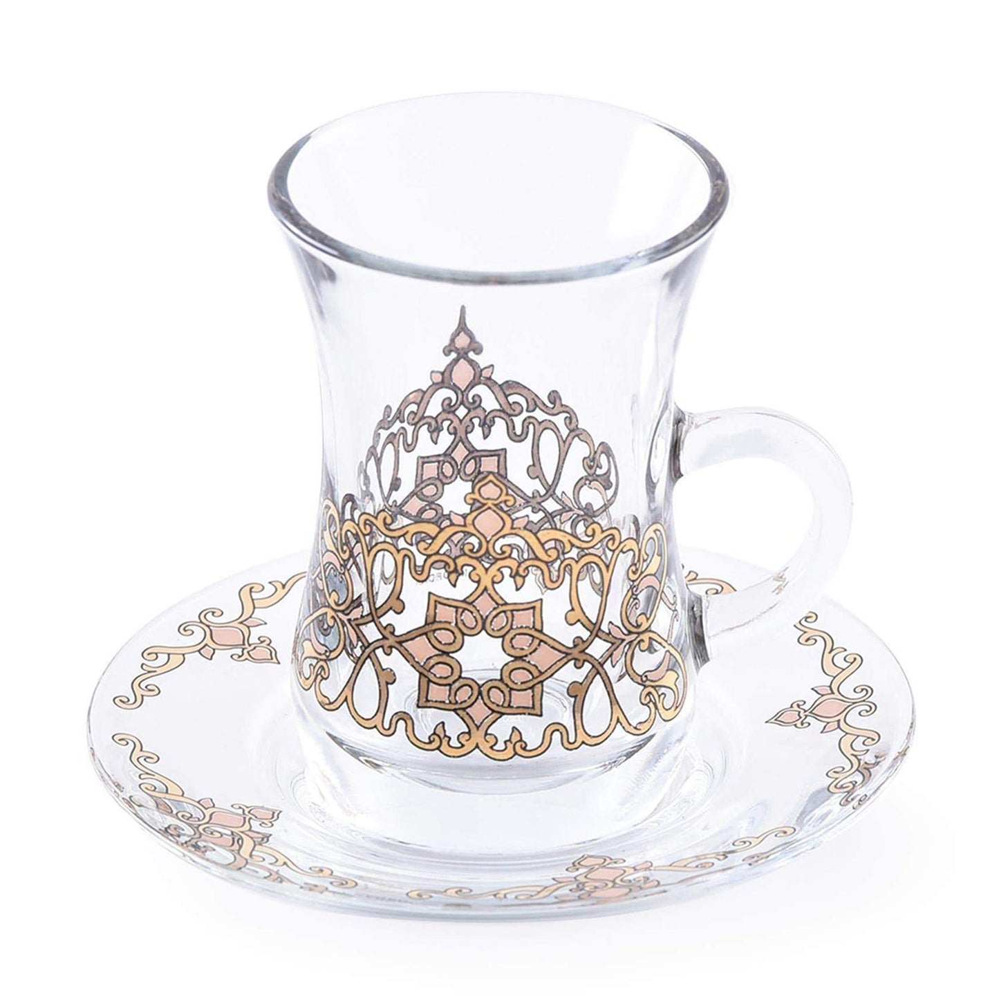 Dimlaj Regal Tea Glass and Saucer - Gold and Peach, Set of 12 - 20786