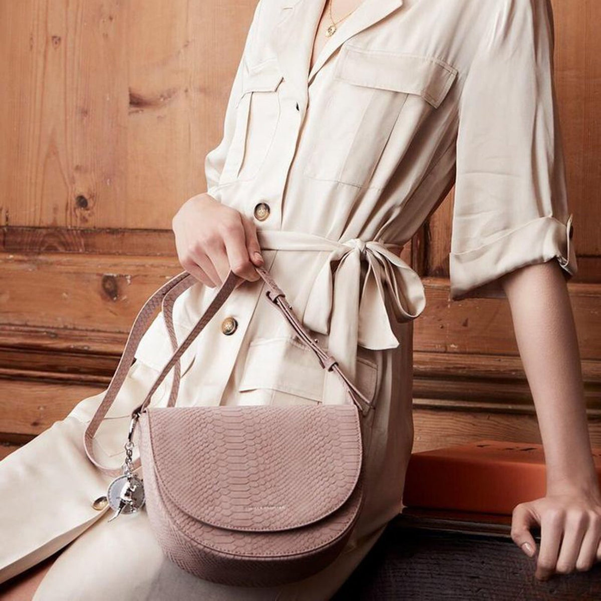 Estella Bartlett Loman Saddle Bag - Blush Snake With Bagtag Dinosaur Charm - Ebp3614
